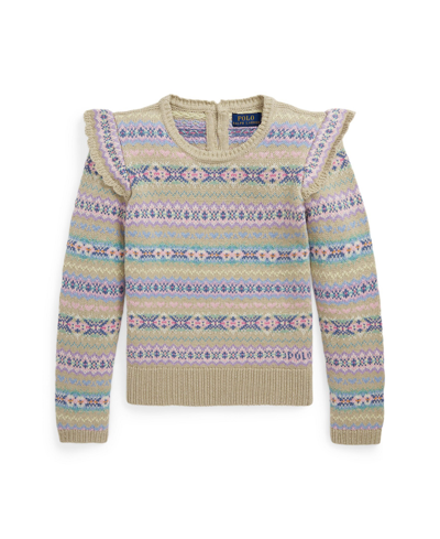 Polo Ralph Lauren Kids' Big Girls Ruffled Fair Isle Wool-blend Sweater In Light Tan Heather Multi