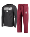 CONCEPTS SPORT MEN'S CONCEPTS SPORT MAROON, HEATHERED CHARCOAL DISTRESSED MONTANA GRIZZLIES METER LONG SLEEVE T-SHI