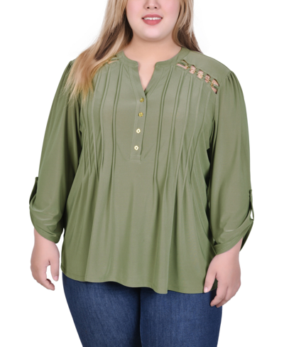 Ny Collection Plus Size Long Sleeve Pintuck Front Top With Chain Details In Bright Green