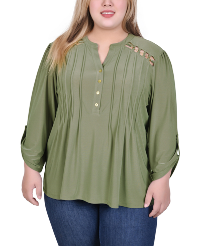 Ny Collection Plus Size Long Sleeve Pintuck Front Top With Chain Details In Burnt Olive