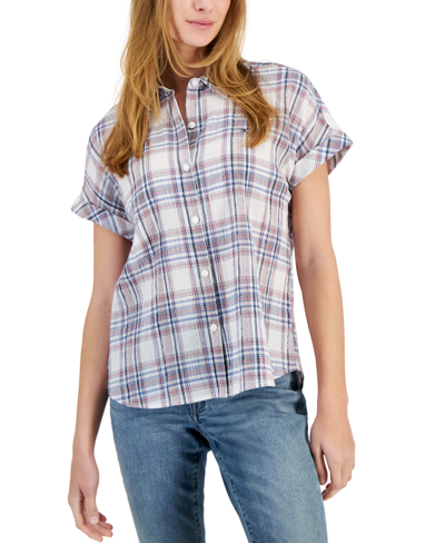 Tommy Hilfiger Women's Plaid Short Dolman-sleeve Camp Shirt In Blue Multi