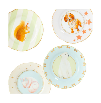 Yvonne Ellen Squirrel, Doggie, Mousey, Polar Bear Tea Plates, Set Of 4 In Multi