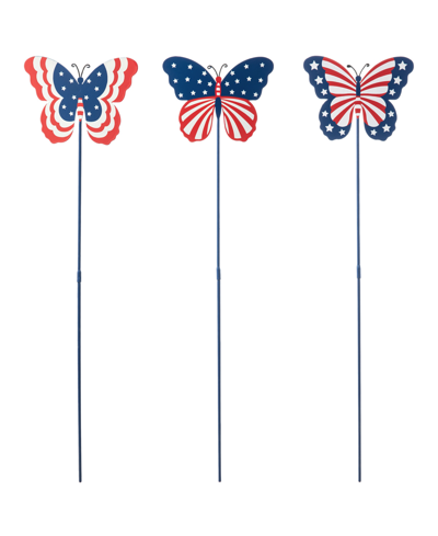 Glitzhome 24" H Set Of 3 Patriotic, Americana Metal Butterflies Yard Stake In Multi