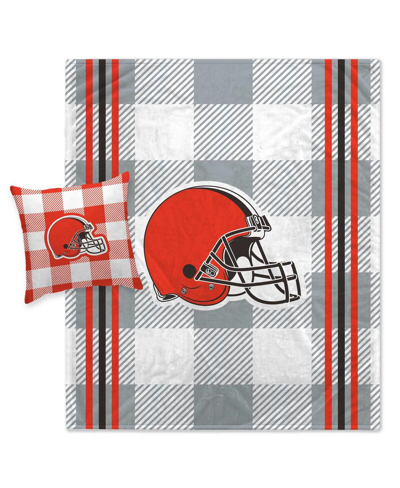 Pegasus Home Fashions Cleveland Browns Gray Plaid Stripes Blanket And Pillow Combo Set