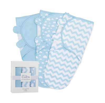 Comfy Cubs Babies' Cotton Easy Swaddle Blankets, Pack Of 3 With Gift Box In Blue