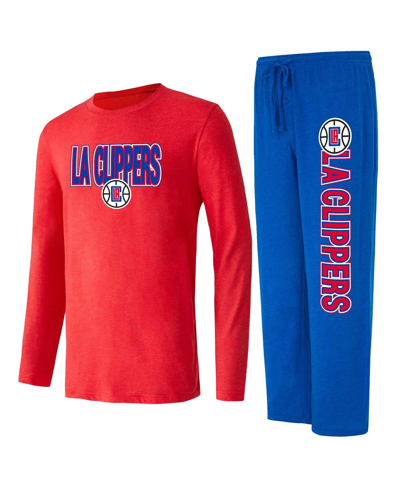 CONCEPTS SPORT MEN'S CONCEPTS SPORT ROYAL, RED DISTRESSED LA CLIPPERS METER LONG SLEEVE T-SHIRT AND PANTS SLEEP SET