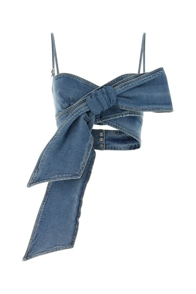 Blumarine Bow-detail Denim Top In Blue