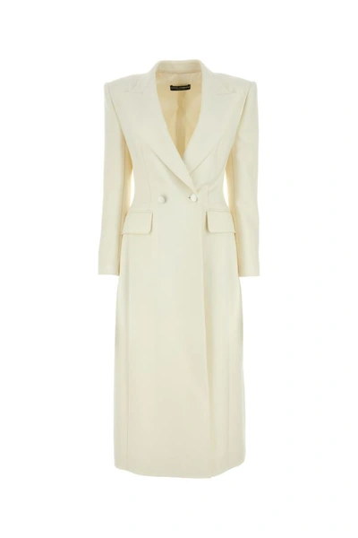 Dolce & Gabbana Wool Cady Double Breast Long Coat In Bianco Naturale