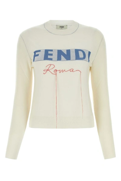 Fendi Ivory Stretch Cashmere Blend Jumper In White