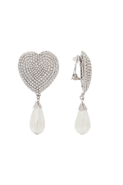 Alessandra Rich Heart Crystals And Pearl Earrings In Silver