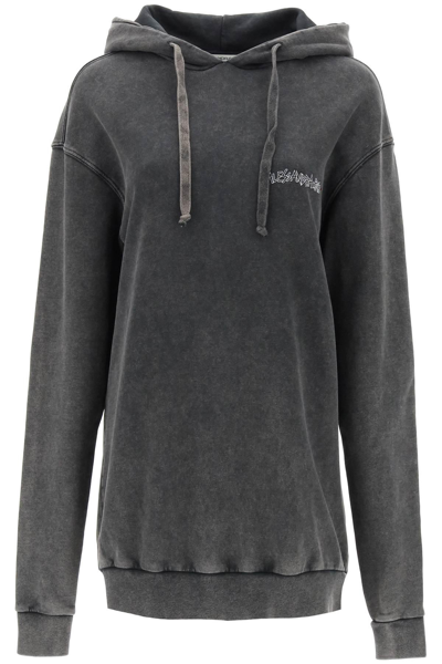 Alessandra Rich Oversized Hoodie With Print And Rhinestones In Grey