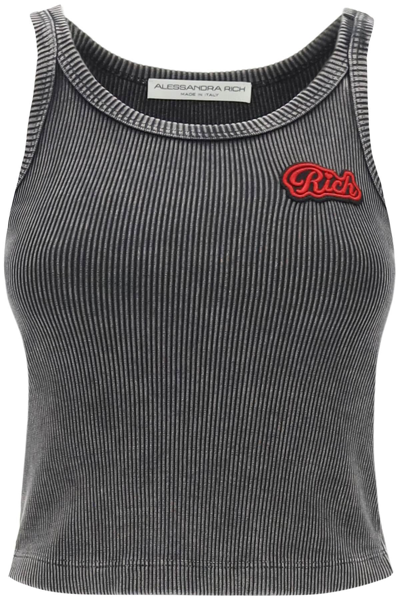 Alessandra Rich Ribbed Tank Top With Logo Patch In Gris