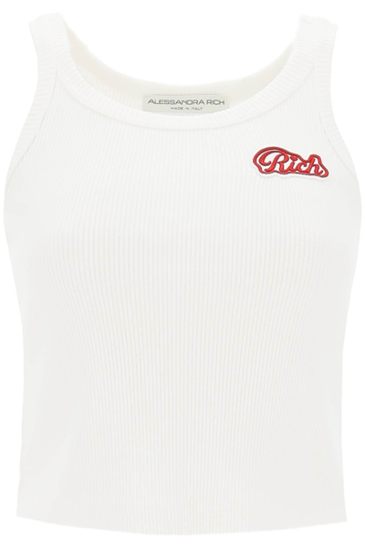 Alessandra Rich Cotton Tank Top With Stretchy Ribbed Texture In Beis