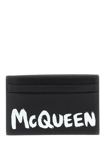 Alexander Mcqueen Graffiti Logo Leather Card Case In Black/white