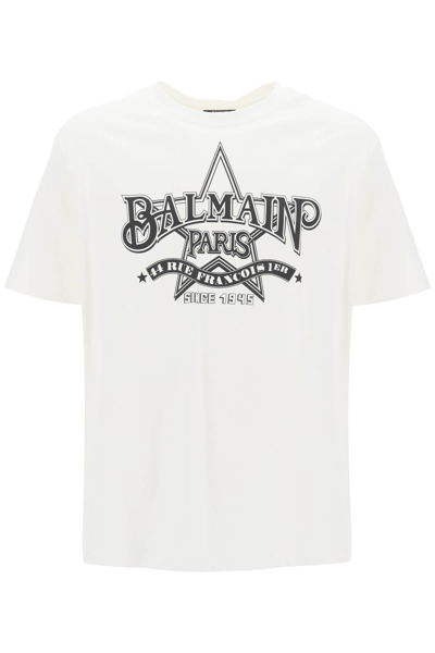 Balmain Crew Neck T Shirt With Logo Print In White