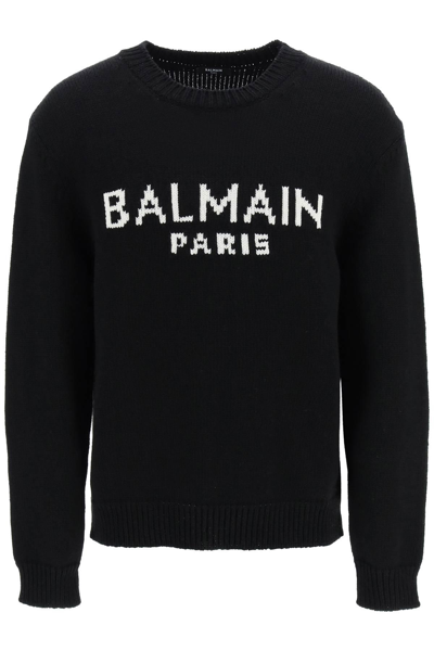 Balmain Intarsia-knit Logo Jumper In Black