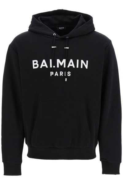 Balmain Logo Print Cotton Jersey Hoodie In Black