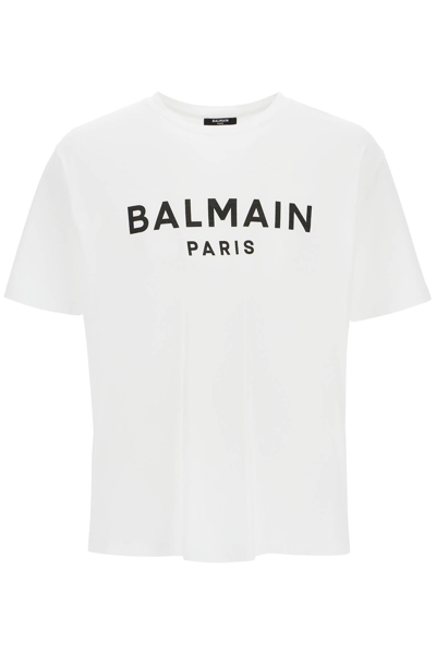 Balmain White Crewneck T-shirt With Contrasting Logo Lettering Print In Cotton Man
