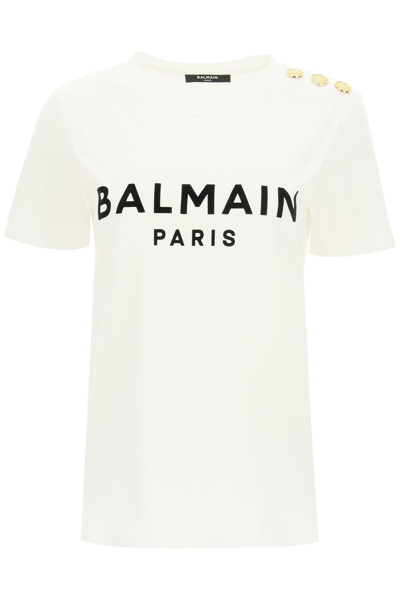 Balmain T Shirt With Logo Print And Embossed Buttons In Multi