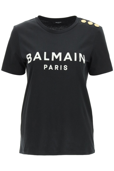 Balmain T-shirt With Logo Print And Embossed Buttons In Black