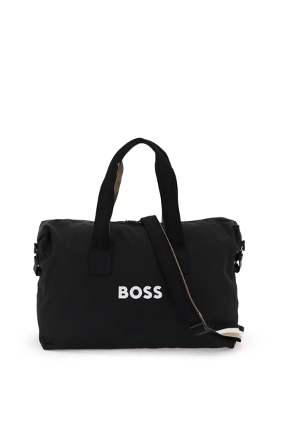 Hugo Boss Contrast-logo Holdall With Signature-stripe Handles In Black