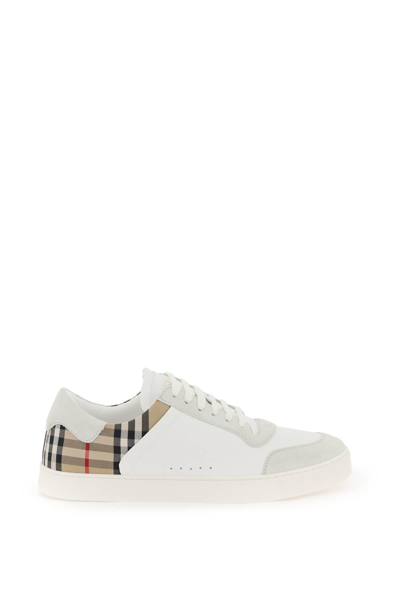 Burberry Men's Leather-suede Check Sneakers In Bianco