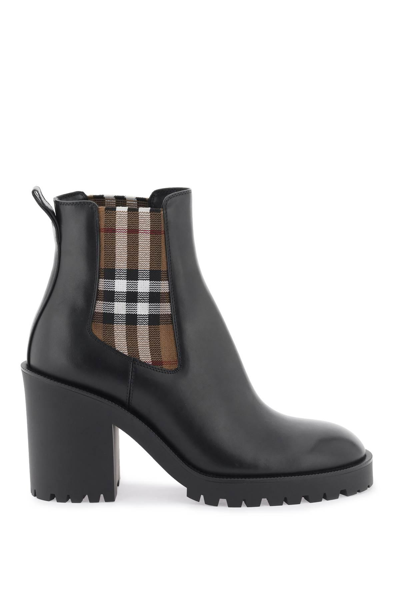 Burberry Leather Ankle Boots With Check Insert In Black