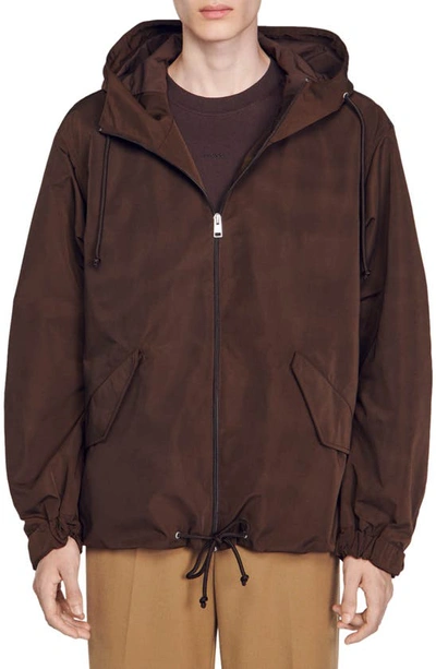 Sandro Hooded Zip Front Windbreaker In Black/ Brown