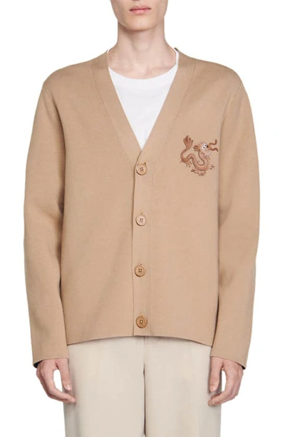 Sandro Dragon Button Up Cardigan In Camel