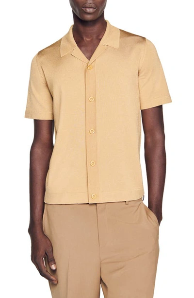 Sandro Short Sleeve Knit Camp Shirt In Champagne