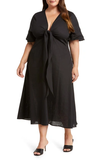 Harshman Fiorella Tie-front Flutter-sleeve Midi Dress In Black