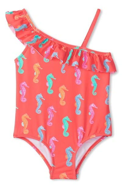 Hatley Kids' Seahorse Ruffle Trim One-piece Swimsuit In Orange