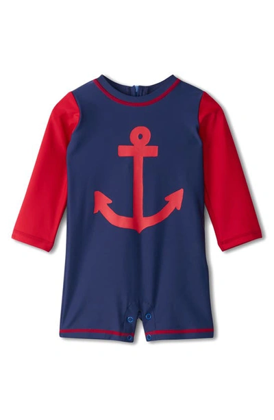 Hatley Babies' Nautical Anchor Long Sleeve One-piece Rashguard Swimsuit In Blue