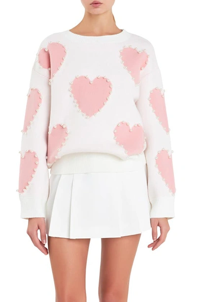 English Factory Heart Imitation Pearl Sweater In Cream Multi