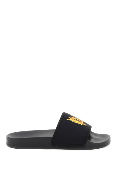 Palm Angels Burning Monogram Fabric Pool Slides In Black,orange,gold