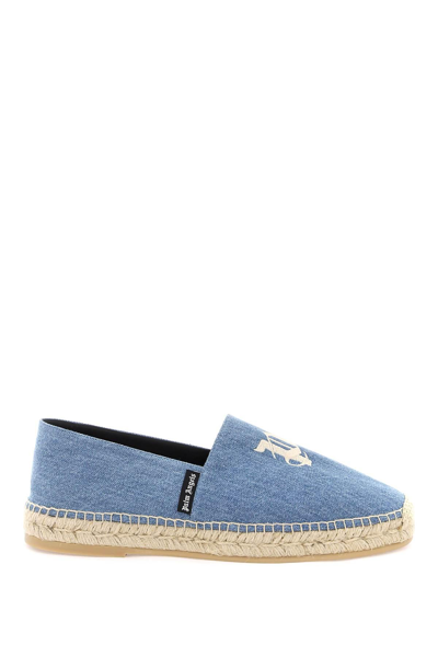 Palm Angels Denim Espadrilles With Embroidered Logo In Blue
