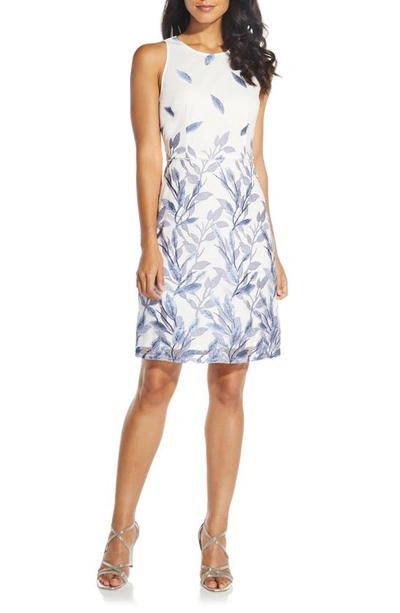 Adrianna Papell Leaf Embroidered Sheath Dress In White/ Blue Multi