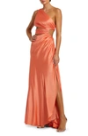 Mac Duggal Cut Out One Shoulder Satin Gown In Orange In Orange