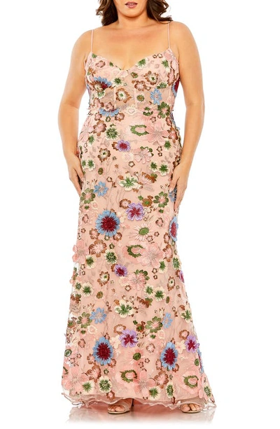 Mac Duggal Floral Embroidered  Corset Mesh Gown In Pink Multi