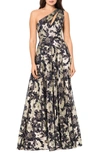 Betsy & Adam Metallic-floral One-shoulder Gown In Green,gold