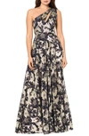 Betsy & Adam Metallic-floral One-shoulder Gown In Navy/ Gold