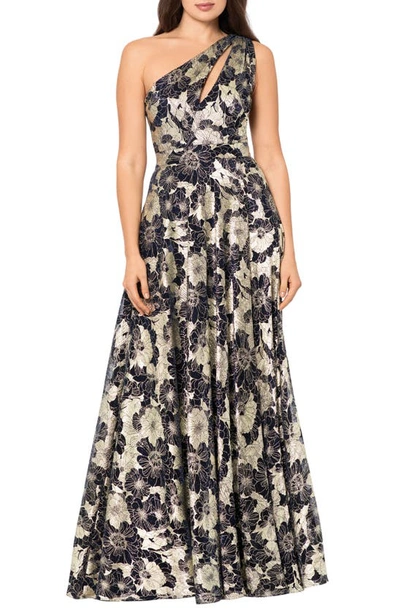 Betsy & Adam Metallic-floral One-shoulder Gown In Navy/ Gold