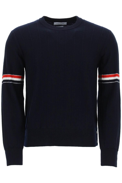 Thom Browne Crew Neck Sweater With Tricolor Intarsia In Blue