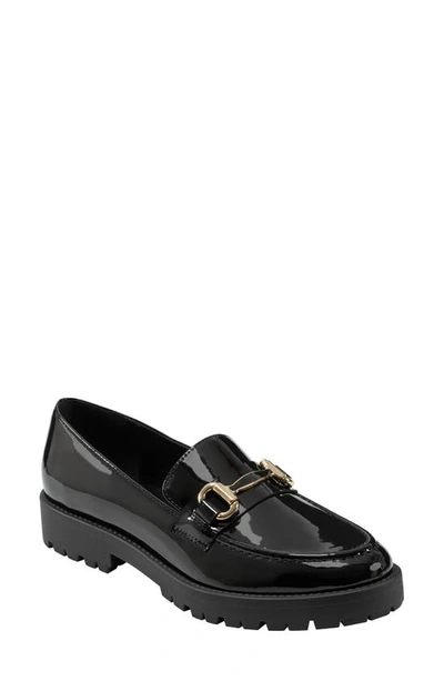 Bandolino Women's Franny Round Toe Slip On Lug Sole Loafers In Black Faux Patent Leather