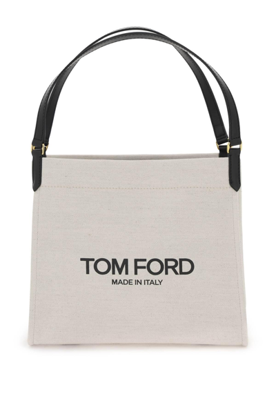 Tom Ford Amalfi Small Logo Canvas Tote Bag In Black,neutro