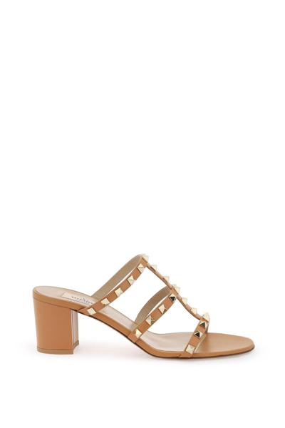 Valentino Garavani Rockstud Slide Sandal In Calfskin With Cabochon Stones 60mm In Beige