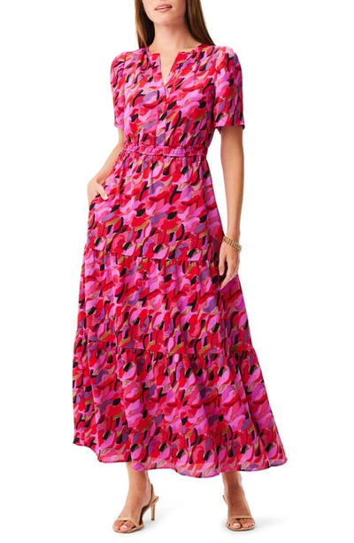 Nic + Zoe Petal Splash Short Sleeve Tiered Maxi Dress In Pink Multi