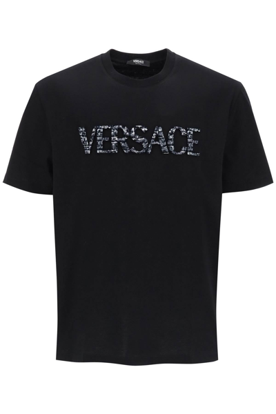 Versace Croco-effect Logo T-shirt In Black