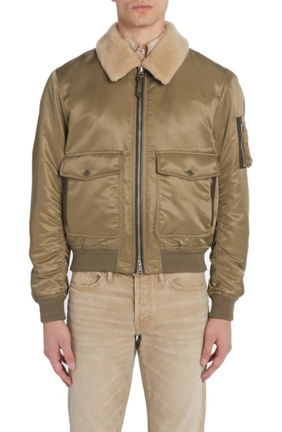 Tom Ford Nylon Twill Flight Jacket With Genuine Shearling Collar In Khaki