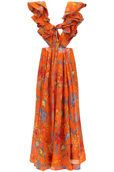 Zimmermann Floral Print Cut-out Dress In Orange In Multi